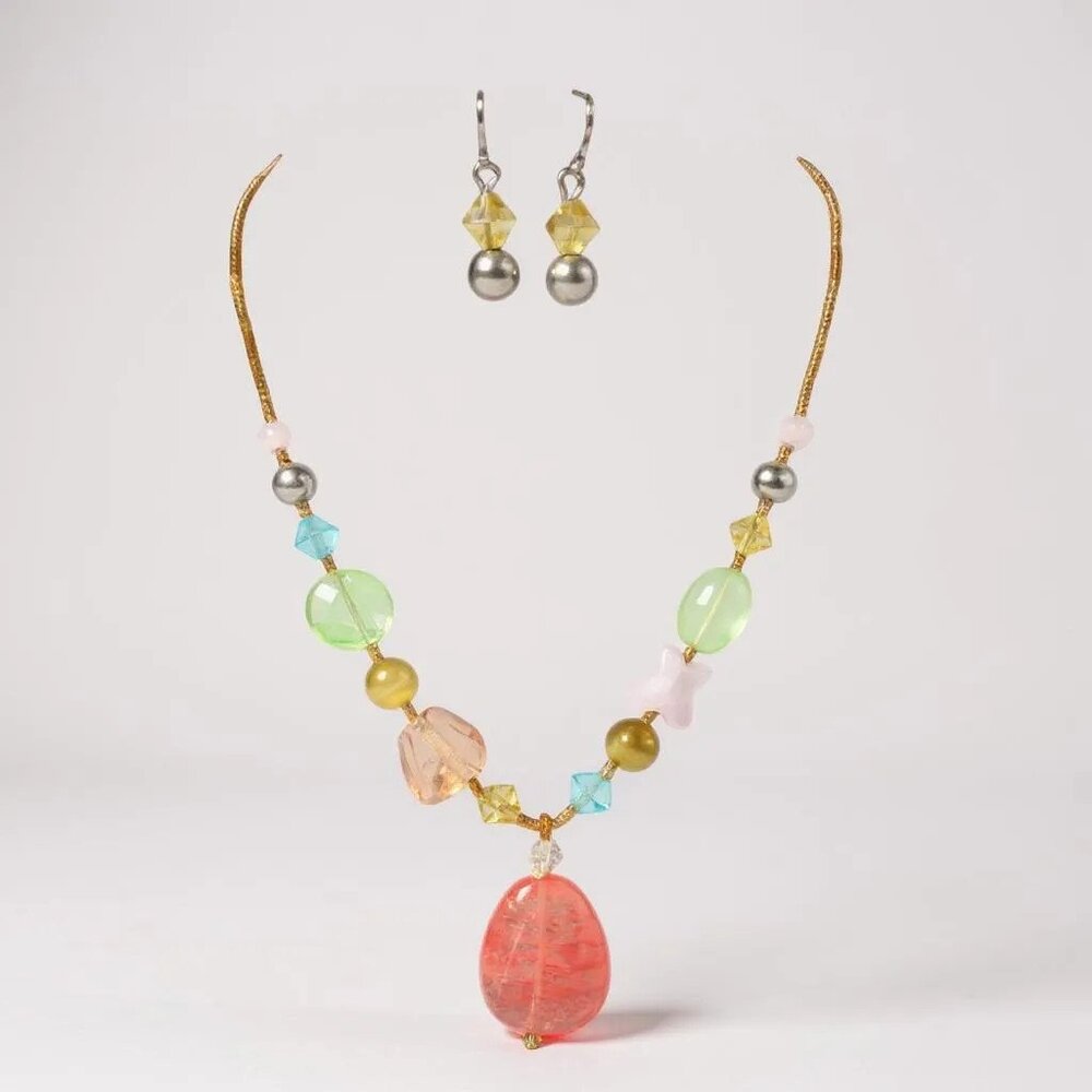 Mutli Color Glass Bead And Glass Pendant Glass Seed Bead Necklace Earring Set